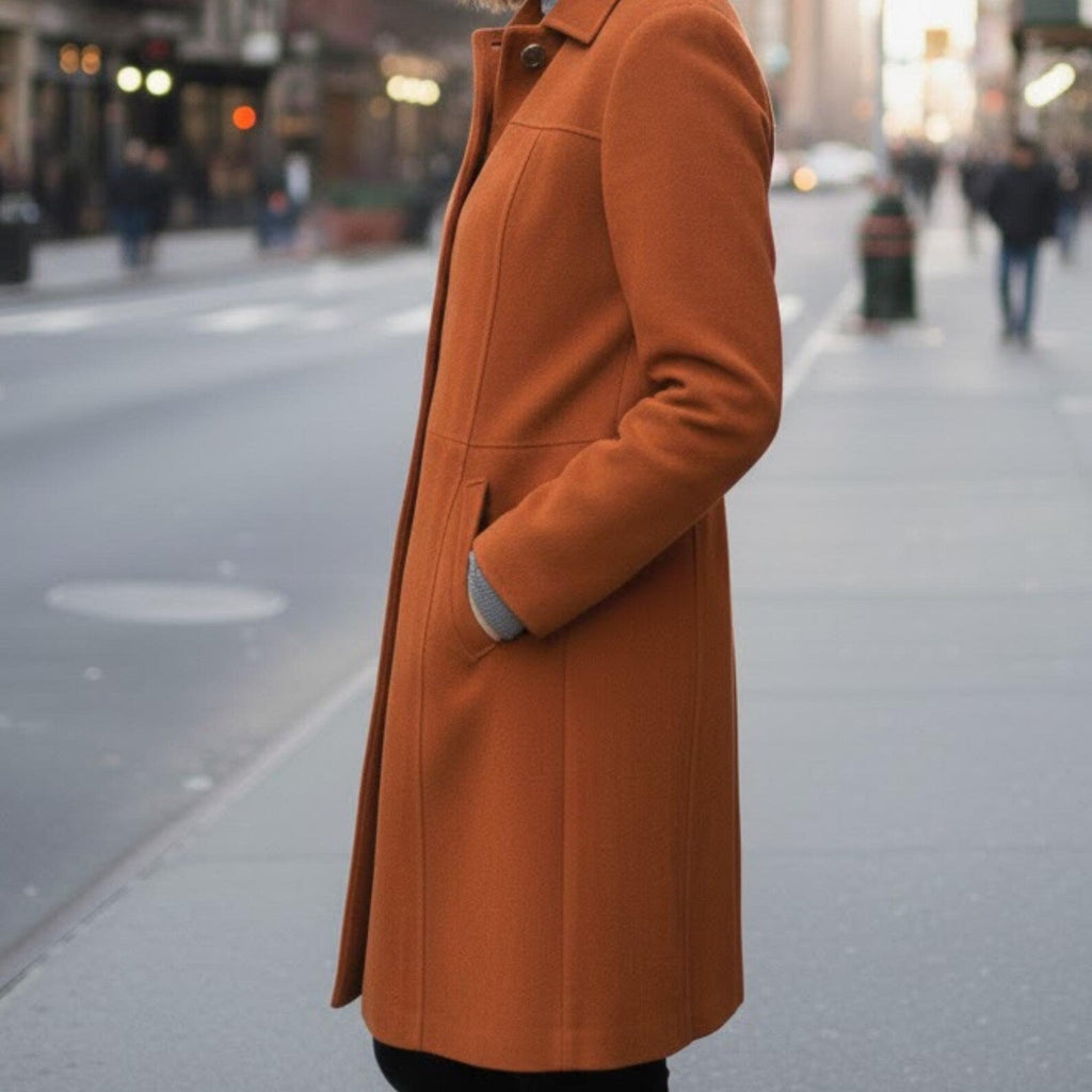 Women’s Rust Suede Long Coat –Elegant Minimalist Winter Jacket, Button Front Casual Street Style