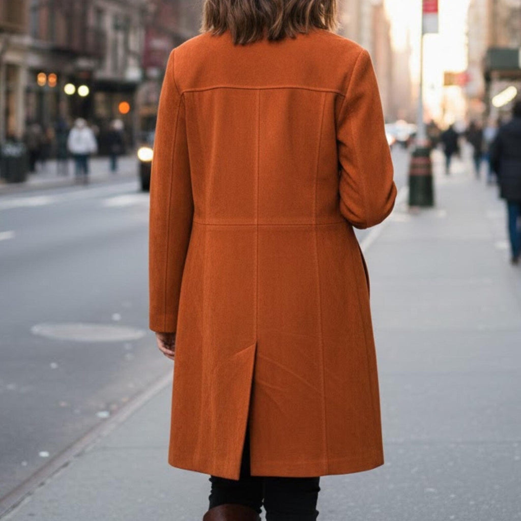 Women’s Rust Suede Long Coat –Elegant Minimalist Winter Jacket, Button Front Casual Street Style