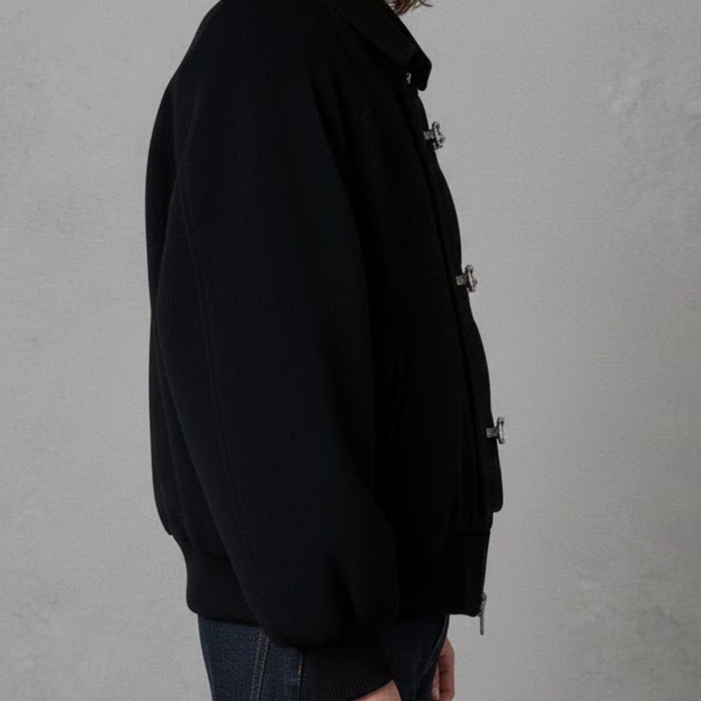 Unique Black Wool Toggle Bomber Jacket – Edgy Streetwear Jacket for Men