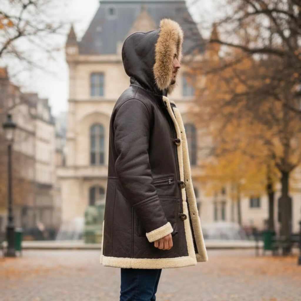 Vintage Men's Brown Sheepskin Shearling Leather Duffle Coat, a Timeless Classic Winter Jacket