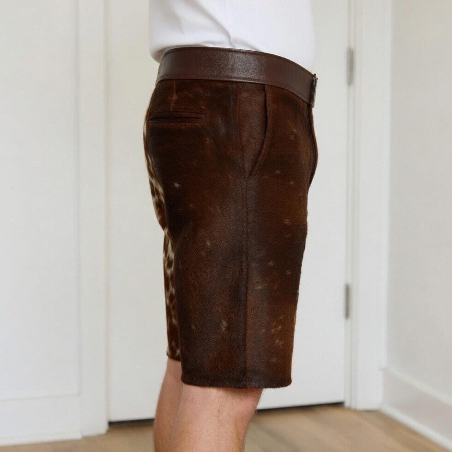 Handmade Cowhide Leather Shorts Real Cow Hair On Brown White Trendy Men Western Style