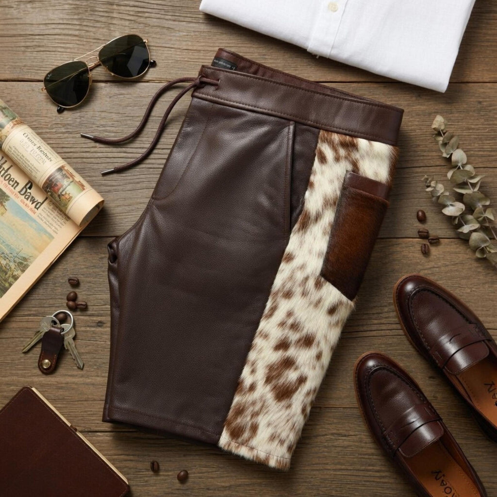 Handmade Cowhide Leather Shorts Real Cow Hair On Brown White Trendy Men Western Style