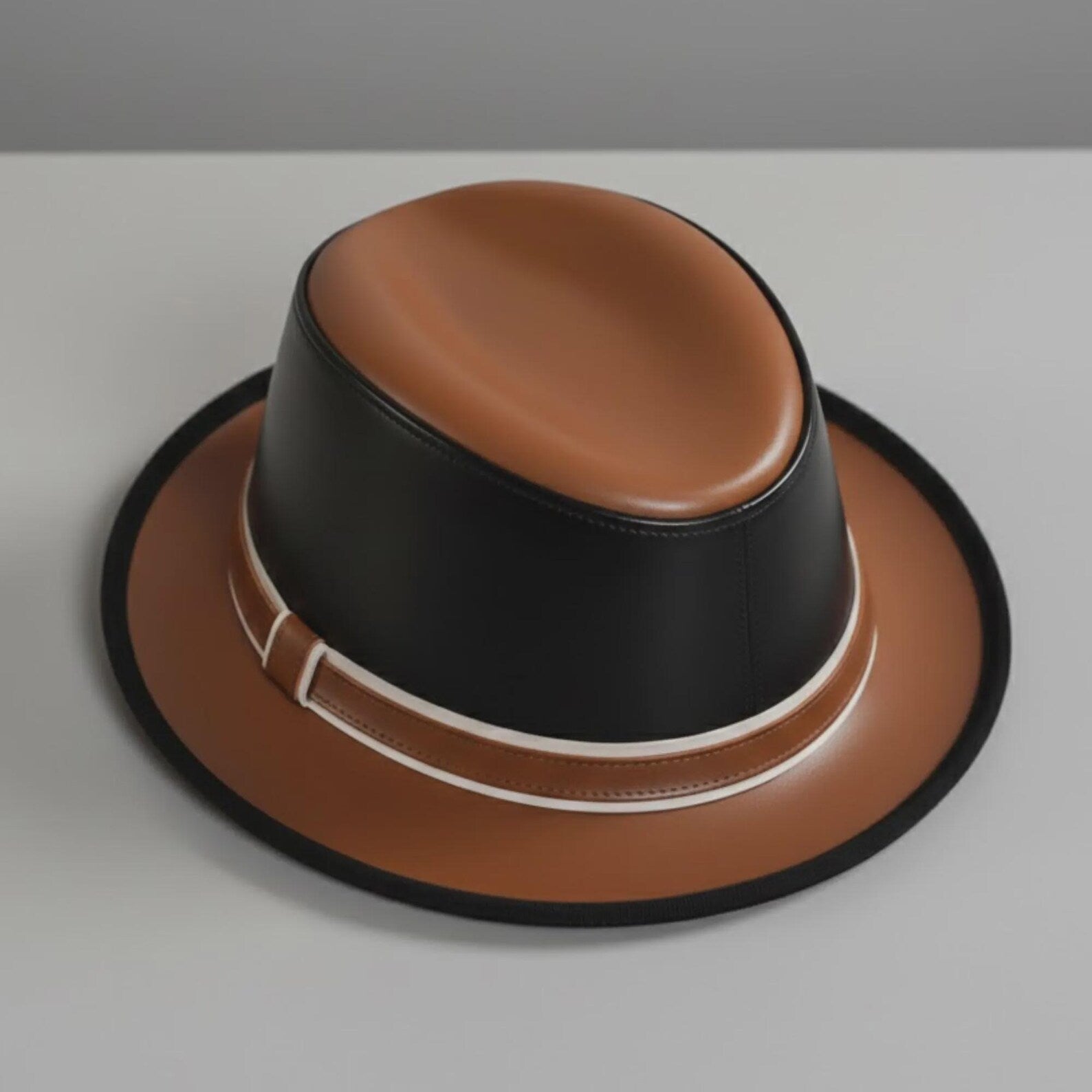 Handmade Leather Fedora Hat Two-Tone Brown Black Stylish Wide Brim Headwear Trendy Mens Gift